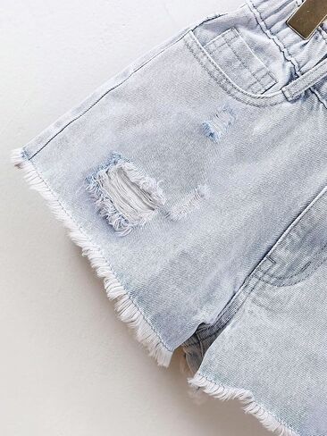Floerns Girl's Elastic Waist Destroy Raw Hem Denim Shorts Straight Leg Jean Shorts in Saudi Arabia