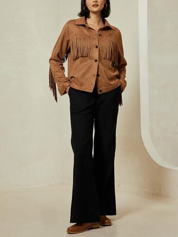 ADOR Faux Suede Jacket Women Fringe Casual Button Down Long Sleeve Cowgirl Style Coat for Fall Outfits in Saudi Arabia