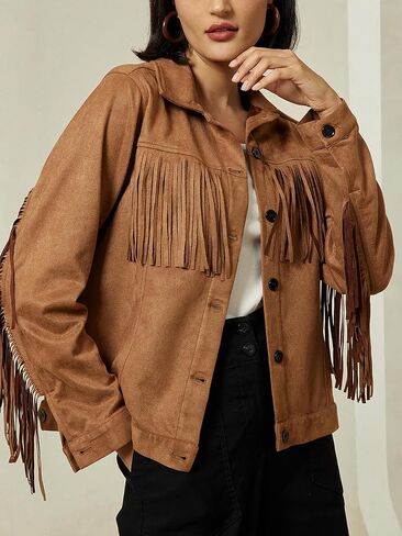 ADOR Faux Suede Jacket Women Fringe Casual Button Down Long Sleeve Cowgirl Style Coat for Fall Outfits in Saudi Arabia