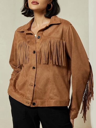 ADOR Faux Suede Jacket Women Fringe Casual Button Down Long Sleeve Cowgirl Style Coat for Fall Outfits in Saudi Arabia