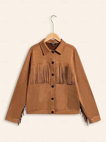 ADOR Faux Suede Jacket Women Fringe Casual Button Down Long Sleeve Cowgirl Style Coat for Fall Outfits in Saudi Arabia