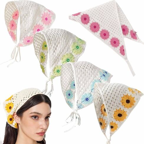 4 PCS Crochet Bandanas Headbands Cute Flowers Hairbands Pink Knitted Headscarf Green Daisy Head Scarf Foral Headwrap for Thin Thick Hair Curly Bcak Head Kerchief for Women Girls Hair Accessories in Saudi Arabia