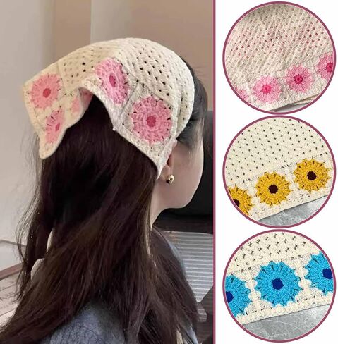 4 PCS Crochet Bandanas Headbands Cute Flowers Hairbands Pink Knitted Headscarf Green Daisy Head Scarf Foral Headwrap for Thin Thick Hair Curly Bcak Head Kerchief for Women Girls Hair Accessories in Saudi Arabia