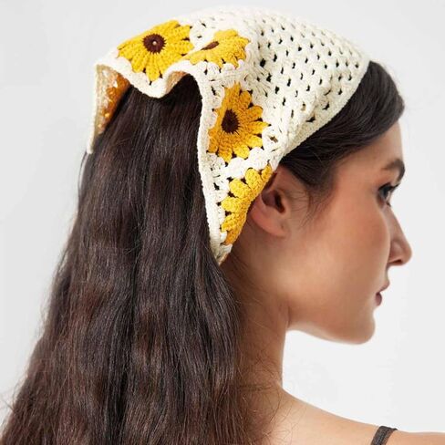 4 PCS Crochet Bandanas Headbands Cute Flowers Hairbands Pink Knitted Headscarf Green Daisy Head Scarf Foral Headwrap for Thin Thick Hair Curly Bcak Head Kerchief for Women Girls Hair Accessories in Saudi Arabia