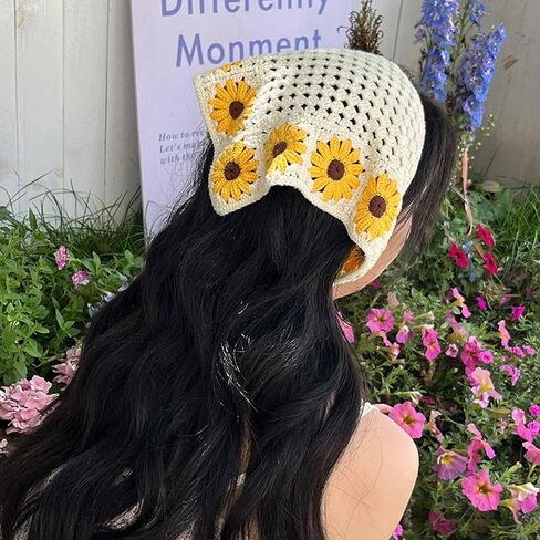 4 PCS Crochet Bandanas Headbands Cute Flowers Hairbands Pink Knitted Headscarf Green Daisy Head Scarf Foral Headwrap for Thin Thick Hair Curly Bcak Head Kerchief for Women Girls Hair Accessories in Saudi Arabia