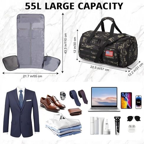 3-in-1 Tactical Garment Bag For Men 55L Large Capacity Convertible Duffle Bag Travel Hanging Suit Bags With Shoes Compartment Multi-Functional Weekend Bags For Daily Traveling Workout Business Trip in Kuwait