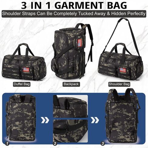 3-in-1 Tactical Garment Bag For Men 55L Large Capacity Convertible Duffle Bag Travel Hanging Suit Bags With Shoes Compartment Multi-Functional Weekend Bags For Daily Traveling Workout Business Trip in Kuwait