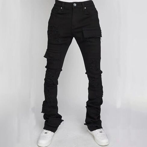 Men's Stacked Jeans Mid Rise Slim Fit Stretch Ripped Cargo Jeans Teen Boys Hip Hop Straight Leg Denim Pants Streetwear in Saudi Arabia