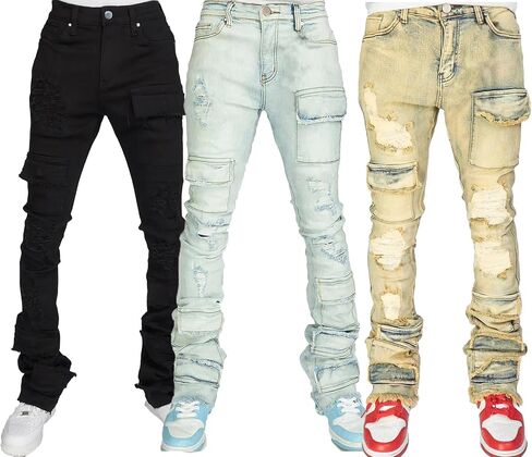 Men's Stacked Jeans Mid Rise Slim Fit Stretch Ripped Cargo Jeans Teen Boys Hip Hop Straight Leg Denim Pants Streetwear in Saudi Arabia