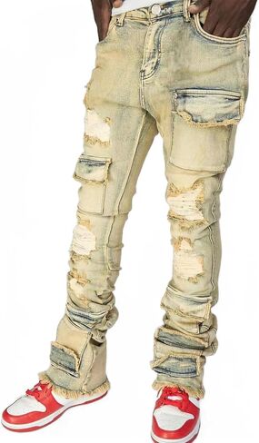 Men's Stacked Jeans Mid Rise Slim Fit Stretch Ripped Cargo Jeans Teen Boys Hip Hop Straight Leg Denim Pants Streetwear in Saudi Arabia