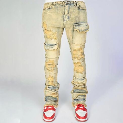Men's Stacked Jeans Mid Rise Slim Fit Stretch Ripped Cargo Jeans Teen Boys Hip Hop Straight Leg Denim Pants Streetwear in Saudi Arabia
