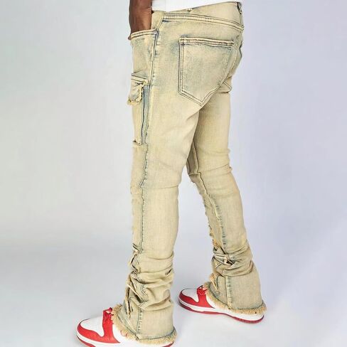 Men's Stacked Jeans Mid Rise Slim Fit Stretch Ripped Cargo Jeans Teen Boys Hip Hop Straight Leg Denim Pants Streetwear in Saudi Arabia