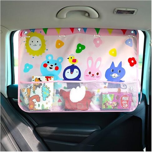 Car Window Shade, Vehicle Sunshade Curtain with Storage Pockets & Suction Cups for Baby, Cartoon Pattern Auto Interior Heat Sun Protection Cover, Universal for SUV Sedan Trucks (Dinosaur) in Kuwait