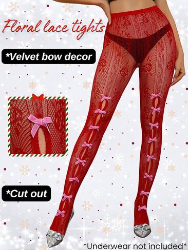 Bow Tights For Women,Sheer Floral Lace Sexy Stockings,Cute Bows Stocking Valentines Date Night Christmas in Saudi Arabia