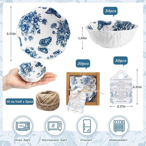 30 Pack Wedding Favors for Guests Small Ceramic Bowls Bulk Gifts Set 3.3 Inch Blue Floral Design Mini Dipping Bowl Sauce Dish with Cards Box for Party Shower Favor Souvenir in Saudi Arabia