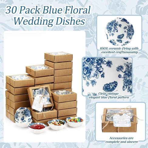 30 Pack Wedding Favors for Guests Small Ceramic Bowls Bulk Gifts Set 3.3 Inch Blue Floral Design Mini Dipping Bowl Sauce Dish with Cards Box for Party Shower Favor Souvenir in Saudi Arabia