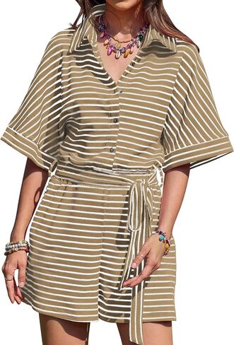 Yousify Womens Summer Casual Striped Rompers Short Sleeve Button Down Belted Elastic Waist Short Jumpsuit in Saudi Arabia