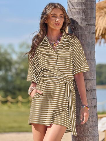 Yousify Womens Summer Casual Striped Rompers Short Sleeve Button Down Belted Elastic Waist Short Jumpsuit in Saudi Arabia