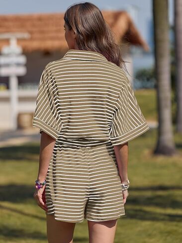 Yousify Womens Summer Casual Striped Rompers Short Sleeve Button Down Belted Elastic Waist Short Jumpsuit in Saudi Arabia