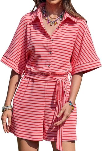 Yousify Womens Summer Casual Striped Rompers Short Sleeve Button Down Belted Elastic Waist Short Jumpsuit in Saudi Arabia