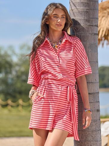 Yousify Womens Summer Casual Striped Rompers Short Sleeve Button Down Belted Elastic Waist Short Jumpsuit in Saudi Arabia