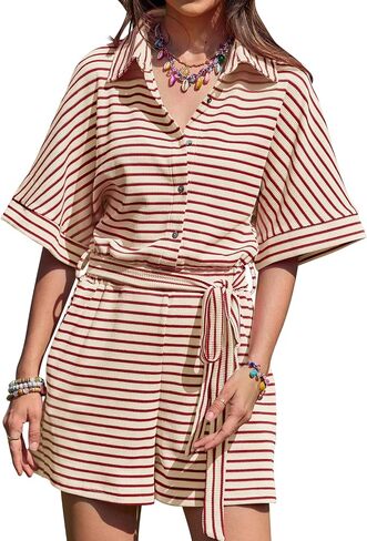 Yousify Womens Summer Casual Striped Rompers Short Sleeve Button Down Belted Elastic Waist Short Jumpsuit in Saudi Arabia