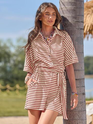 Yousify Womens Summer Casual Striped Rompers Short Sleeve Button Down Belted Elastic Waist Short Jumpsuit in Saudi Arabia