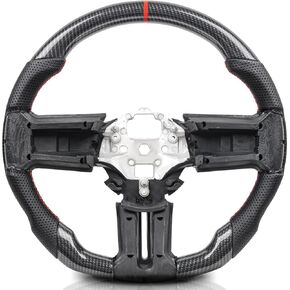 Steering Wheel for Mustang 2010-2014 Hydro Dip Carbon Fiber Steering Wheel with D-shaped Flat-bottom Preforated Leather Grip Red Hand-Stitched