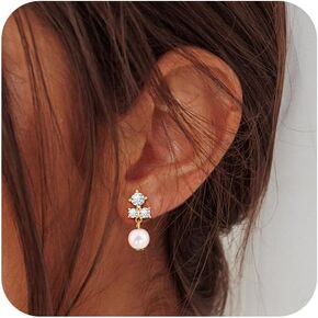SFLFROSE Silver Earrings for Women,Dainty Dangle Earrings Silver Plated Drop Earrings for Women Trendy Hypoallergenic CZ Stud Earrings Wedding Pearl Earrings Dangling Cute Small Hoop Earrings Jewelry