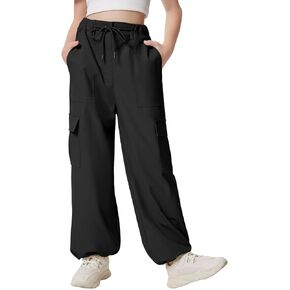 Girls Cargo Parachute Pants Y2K Kids Pants with Pockets Trendy Jogger Trousers 5-14 Years