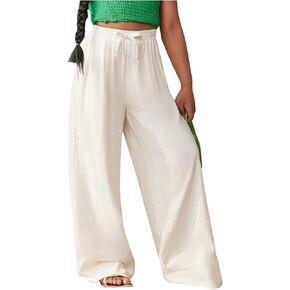 OYOANGLE Girl's Elastic Waist Straight Leg Pants Basic Solid Linen Long Trousers with Pocket White 9Y