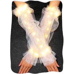 Light Up Lace Long Gloves Bridal Sparkly Fingerless White Arm Sleeves for Women