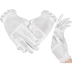 White Gloves Women Pearl Short Satin Gloves Princess Gloves White Women Uniform Gloves Wedding Tuxedo Gloves Gown Gloves Dress Gloves for Tea Party Opera Costume Prom Evening Gloves