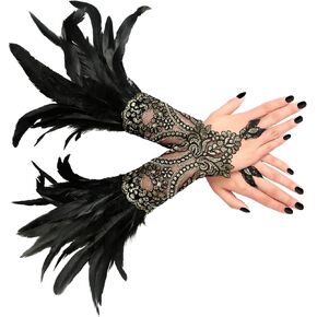 MCJC Black Lace Feather Gloves, Swan Wings Wrist Bands, Witch Angel Costume Accessories