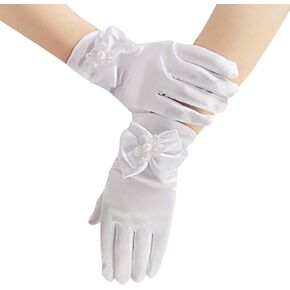 Flower Bow Gloves Short Princess Gloves Little Girls Formal Gloves Wedding Dress Gloves with Faux Pearl White