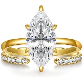 3.5CT Marquise Cut Engagement Ring Set for Women, Wedding Promise Cubic Zirconia Band, 14K Gold Plated Stackable Adjustable Bridal Half Eternity Open Rings, Size 5-9