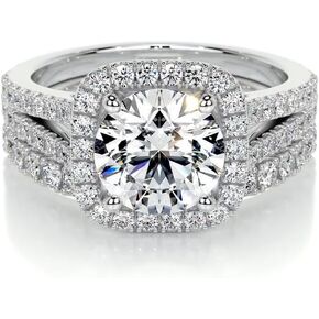 3 Carat (ctw) Halo Bridal Set Moissanite Engagement Rings for women Platinum Plated Silver Ring Moissanite Rings