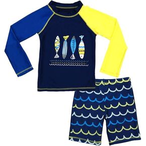 Boys UPF 50+ Long Sleeve Rash Guard and Swim Trunks Outfit Set Toddler to Big Boy Sizes (3-11Years)