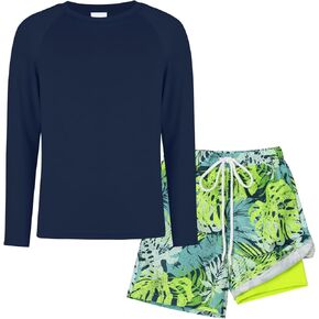 Boys Rash Guard Swim Shorts Set Long Sleeve Shirt and Swim Trunks with Compression Liner Two Piece Swimsuit for Youth Kids
