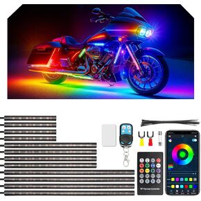 SUPAREE 12PCS Motorcycle LED Underglow Kit with Brake Light RGB Neon LED Light Strips for Motorcycles – 3 Control Modes, Multicolor, Waterproof – Compatible with Davidson, H-onda, Ka-wasaki, Trucks
