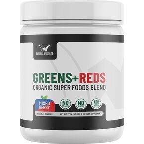 مسحوق الخضر والأحمر - 20+ Superfoods العضوية - المحلاة مع ستيفيا - التوت المختلط | اختبار الطرف الثالث - حشو خالي