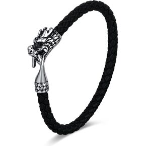 HANRESHE Men's Dragon Head Bracelet, Stainless Steel Cuban Link Chain, Viking Style Clasp, Silver