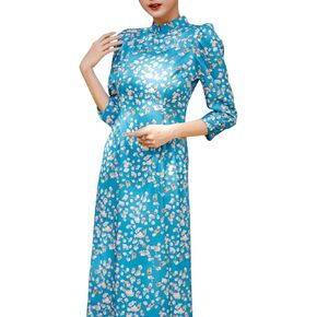 Blue Mini Roses Silk Ao Dai Set, Pre-made Traditional Vietnamese Ao Dai, Women Ao Dai with Pants, Lunar New Year
