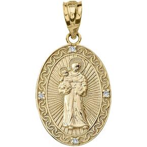 Solid 10k Gold St. Anthony Of Padua Diamond Oval Medal Pendant (1")