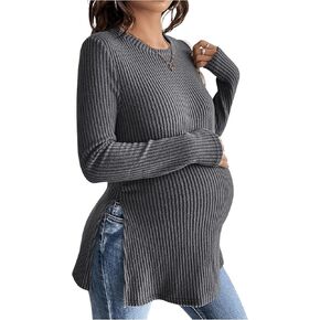 MakeMeChic Women's Maternity Tee Shirt Crew Neck Long Sleeve Ribbed Knit Split Pregnancy Tops