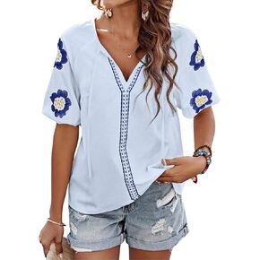 Women's Summer Tops Floral Embroidered Puff Short Sleeve Shirts V Neck Boho Tunic Casual Blouse