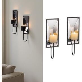 Aim & Ggkk Wall Candle Sconce Sconder مجموعة من 2 ، شمعة Metal Mirror Sconce جدار مثبتة مع لوحة خلفية عاكسة - مزرعة ريفي ديكور حديث لغرفة المعيشة ، غرفة الطعام ، الردهة