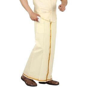 Cotton Dhotis for Men with Gold Zari Border | Cream Adjustable Dhoti with Pocket | Cotton Vesti Mundu Best for Festivals and Ceremonies