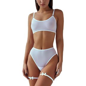 Women's Mesh Solid Sheer See Through Lingerie Set Sexy Lace Bra and Panty Sets Push Up Thin Bra Thong 2 Piece+Garters