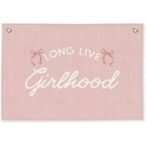 Preppy Long Live Sisterhood Pink Striped Girls Room Decor - Linen Banner Wall Hanging Canvas Banner Flag Decor for Girly Nursery Toddler Playroom Bedroom Dorm Apartment